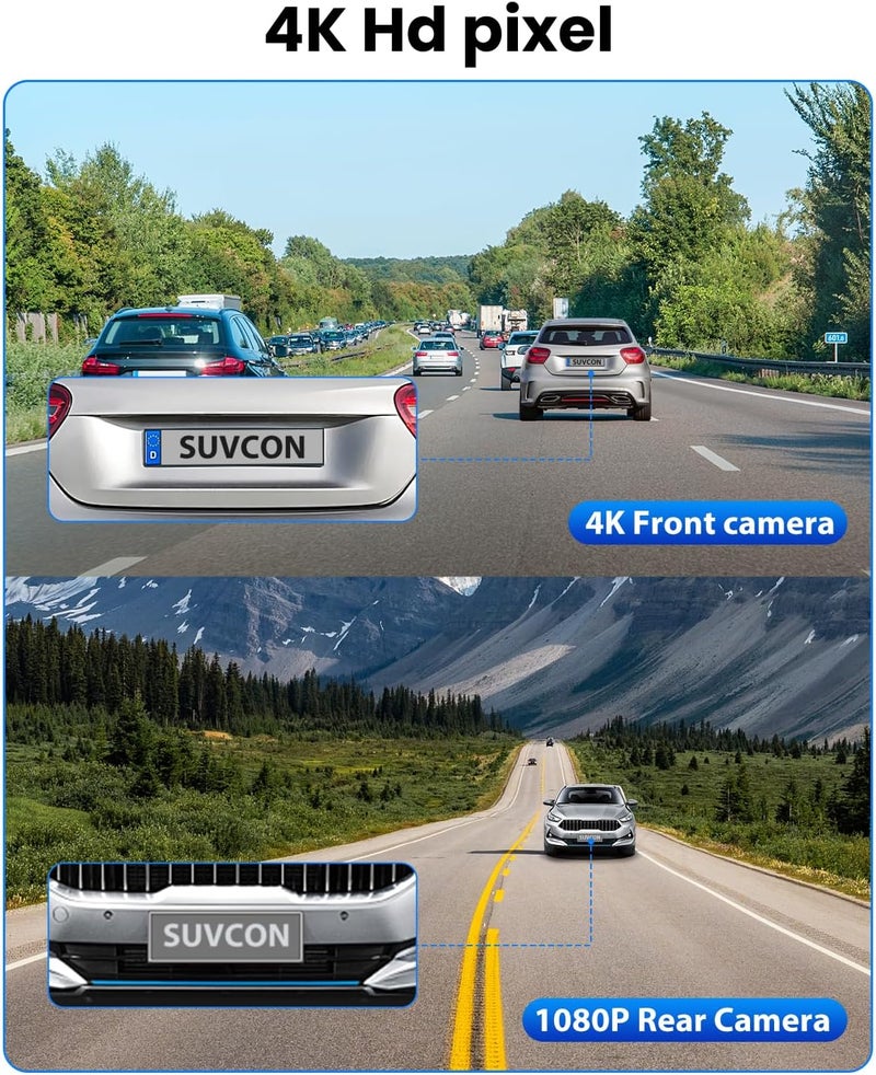 SUVCON Dash Cam Front and Rear 4K/1080P, Dash Camera for Cars Build in WiFi, Full HD Dash Cam with APP Control, 3.94'' IPS Screen Dash Camera with 32GB SD Card, G-Sensor, 24Hr Parking Mote, Loop Recording - Image 2
